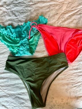 Women’s Bikini Bottoms - Green, Turquoise & Coral Three-Pack